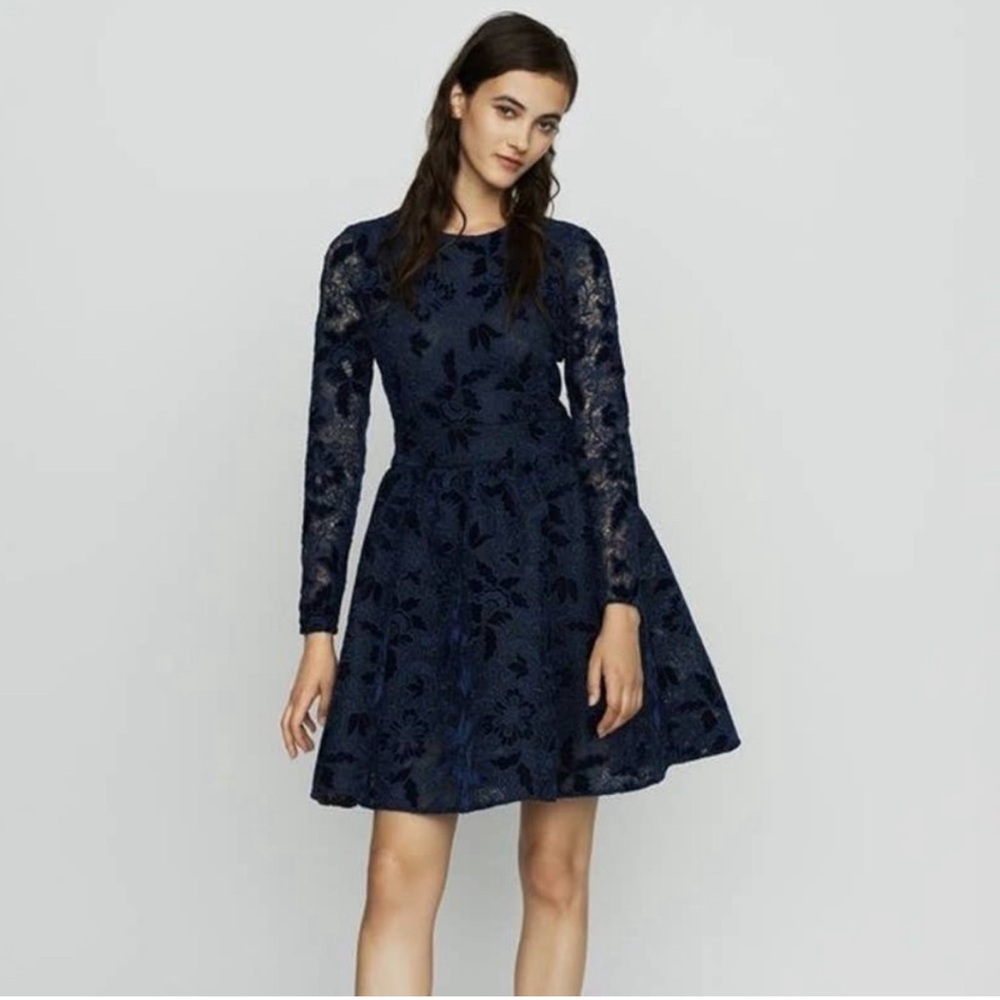Maje Role Guipere Lace Fit & Flare Long Sleeve Velvet Dress Marine Blue Size 1